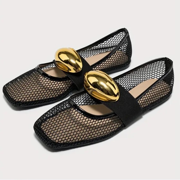 Shoes - New Fishnet Mesh Ballet Flats Gold Metallic Buckle NWT Black Slip On Square Toe